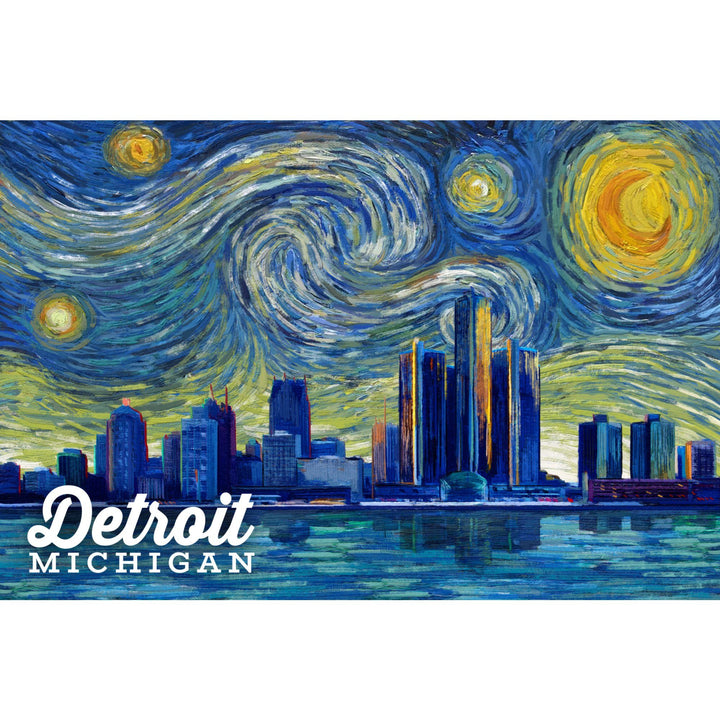 Detroit, Michigan, Starry Night Series, Organic Cotton Kitchen Tea Towels - Lantern Press