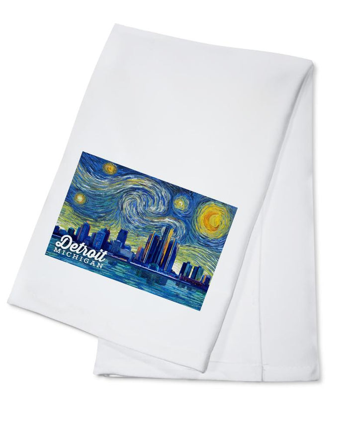 Detroit, Michigan, Starry Night Series, Organic Cotton Kitchen Tea Towels - Lantern Press