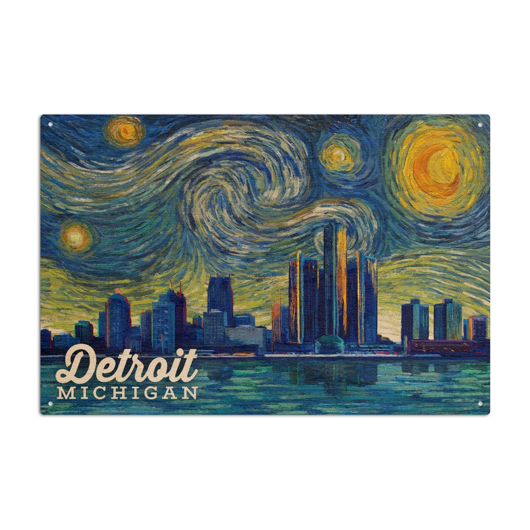 Detroit, Michigan, Starry Night Series, Lantern Press Artwork, Wood Signs and Postcards Wood Lantern Press 10 x 15 Wood Sign 