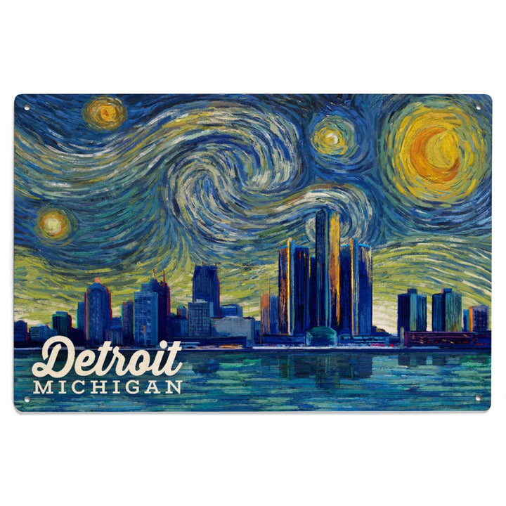 Detroit, Michigan, Starry Night Series, Lantern Press Artwork, Wood Signs and Postcards Wood Lantern Press 