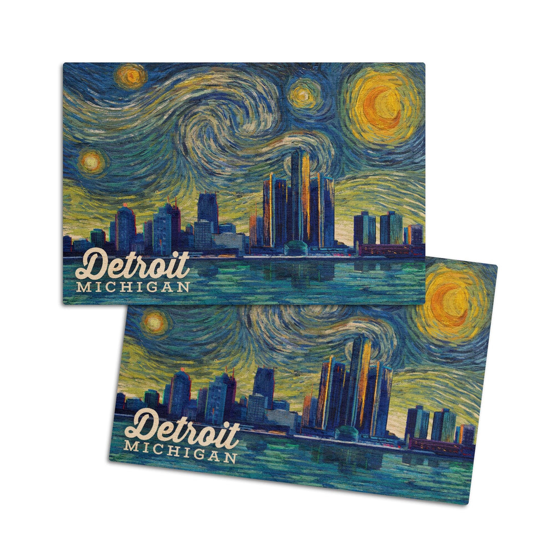Detroit, Michigan, Starry Night Series, Lantern Press Artwork, Wood Signs and Postcards Wood Lantern Press 4x6 Wood Postcard Set 
