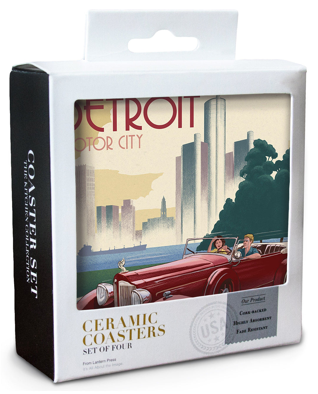 Detroit, Michigan, Vintage Car & Skyline, Lantern Press Artwork, Coaster Set Coasters Lantern Press 