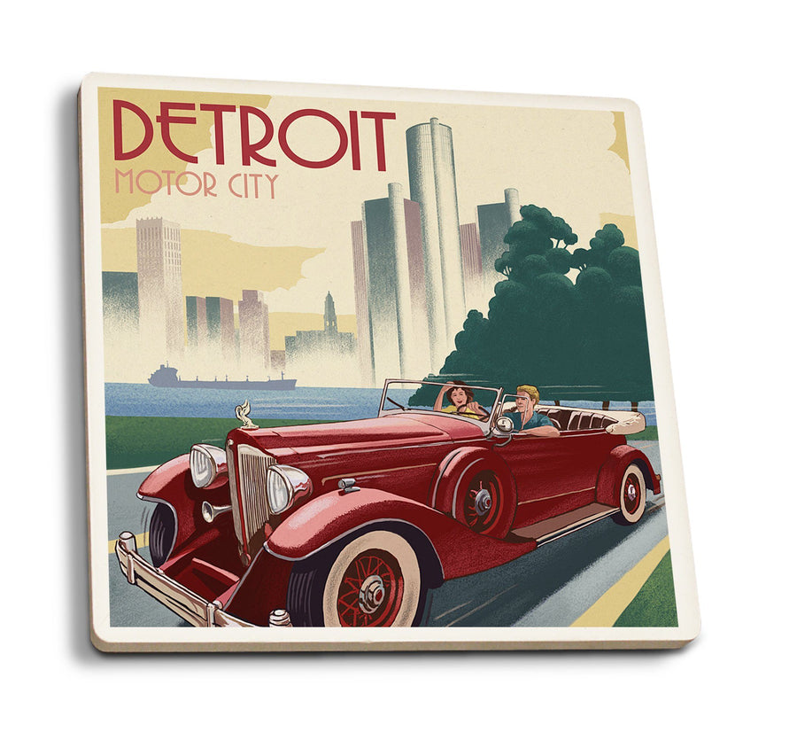 Detroit, Michigan, Vintage Car & Skyline, Lantern Press Artwork, Coaster Set Coasters Lantern Press 