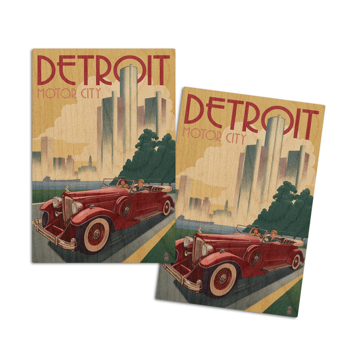 Detroit, Michigan, Vintage Car & Skyline, Lantern Press Artwork, Wood Signs and Postcards Wood Lantern Press 4x6 Wood Postcard Set 