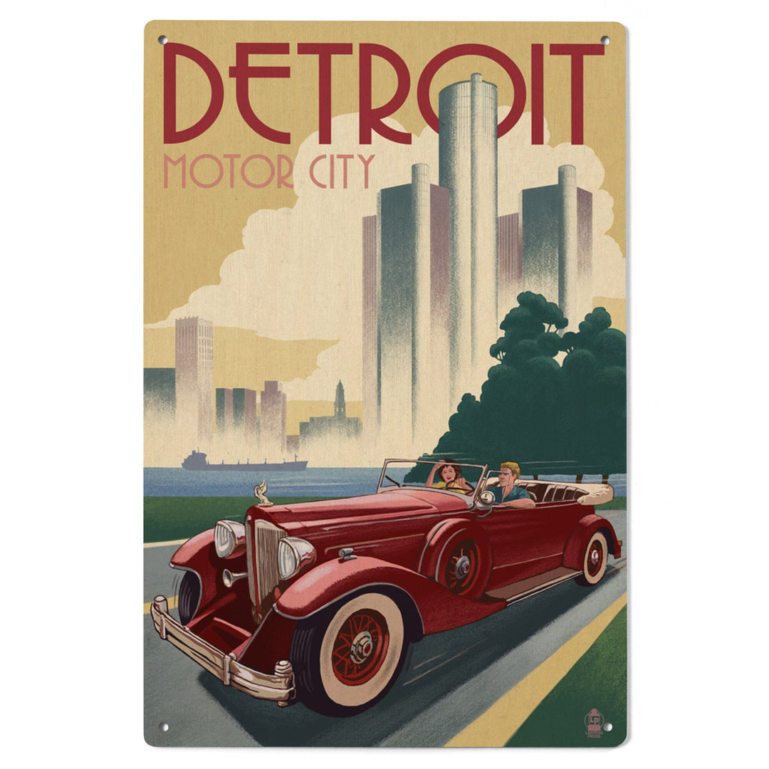 Detroit, Michigan, Vintage Car & Skyline, Lantern Press Artwork, Wood Signs and Postcards Wood Lantern Press 