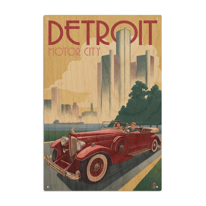 Detroit, Michigan, Vintage Car & Skyline, Lantern Press Artwork, Wood Signs and Postcards Wood Lantern Press 6x9 Wood Sign 