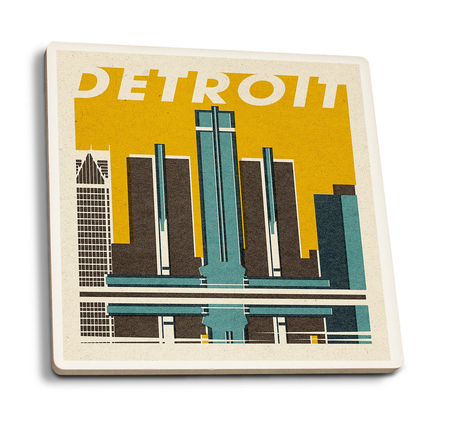 Detroit, Michigan, Woodblock, Lantern Press Artwork, Coaster Set Coasters Lantern Press 