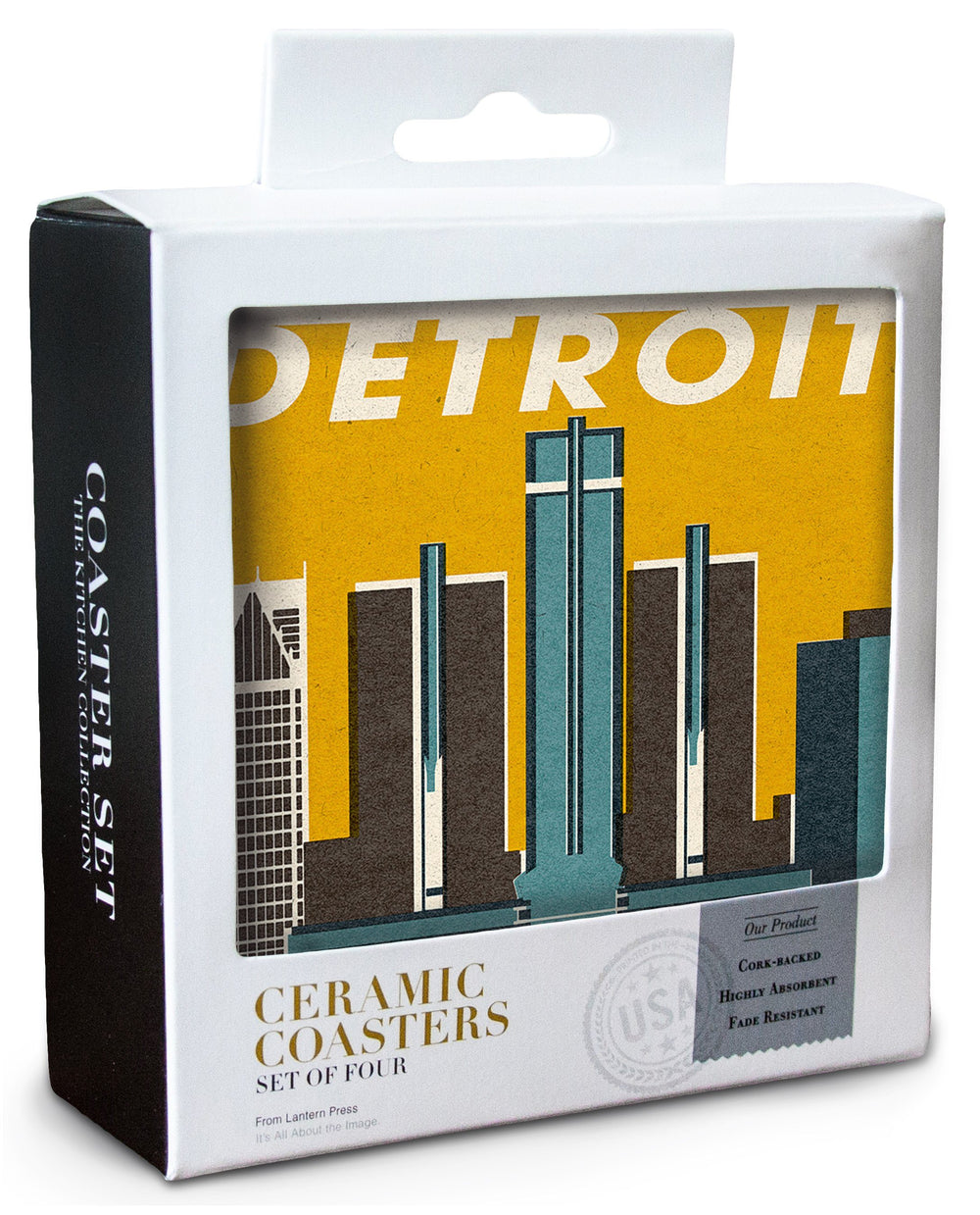 Detroit, Michigan, Woodblock, Lantern Press Artwork, Coaster Set Coasters Lantern Press 