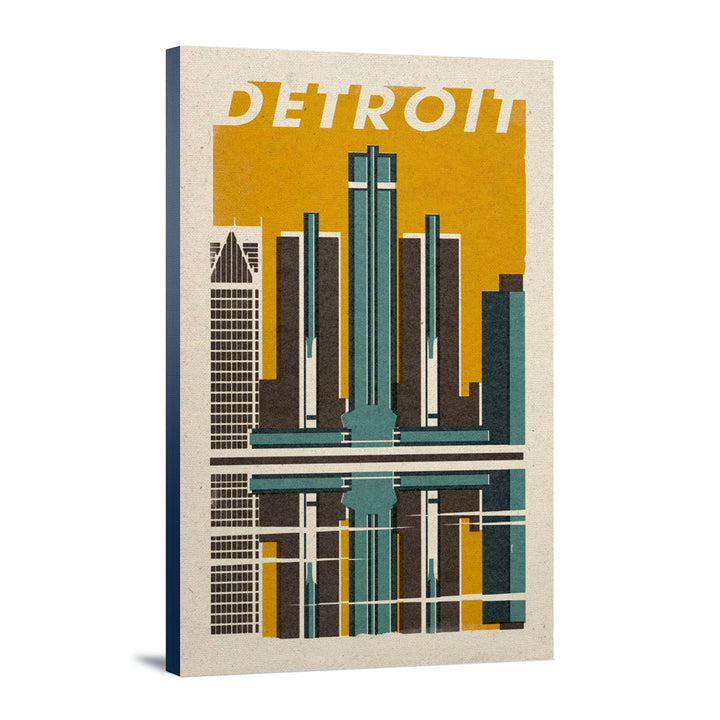 Detroit, Michigan, Woodblock, Lantern Press Artwork, Stretched Canvas Canvas Lantern Press 12x18 Stretched Canvas 