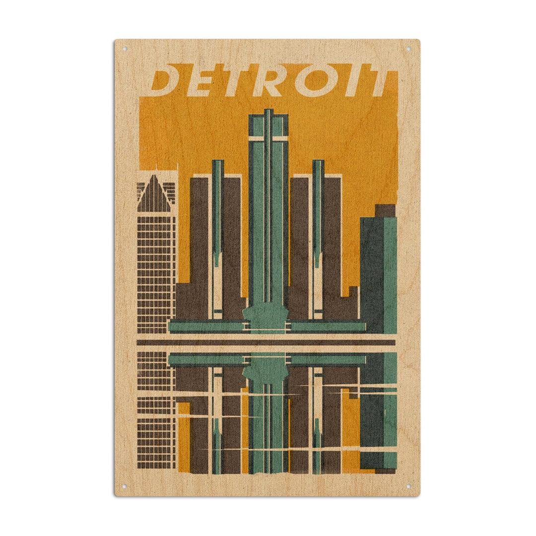 Detroit, Michigan, Woodblock, Lantern Press Artwork, Wood Signs and Postcards Wood Lantern Press 10 x 15 Wood Sign 