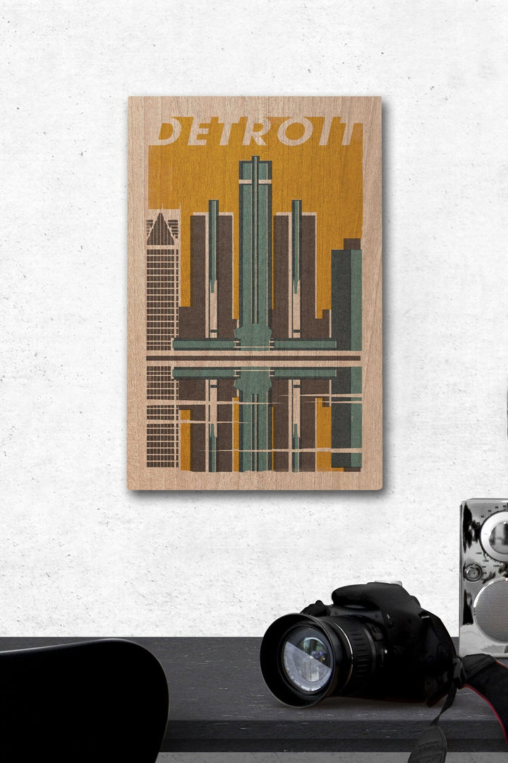 Detroit, Michigan, Woodblock, Lantern Press Artwork, Wood Signs and Postcards Wood Lantern Press 12 x 18 Wood Gallery Print 