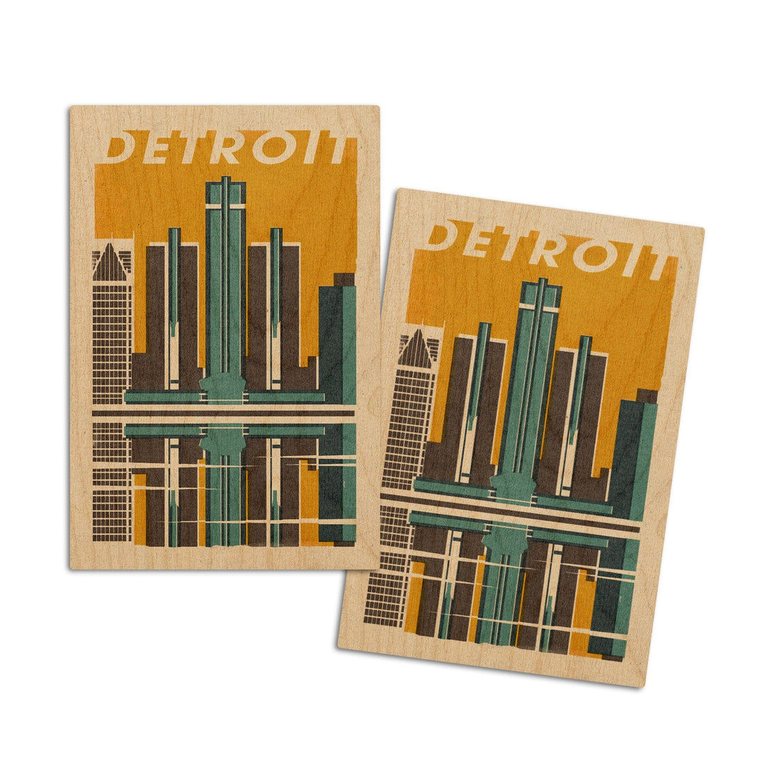 Detroit, Michigan, Woodblock, Lantern Press Artwork, Wood Signs and Postcards Wood Lantern Press 4x6 Wood Postcard Set 