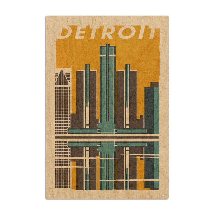 Detroit, Michigan, Woodblock, Lantern Press Artwork, Wood Signs and Postcards Wood Lantern Press 6x9 Wood Sign 