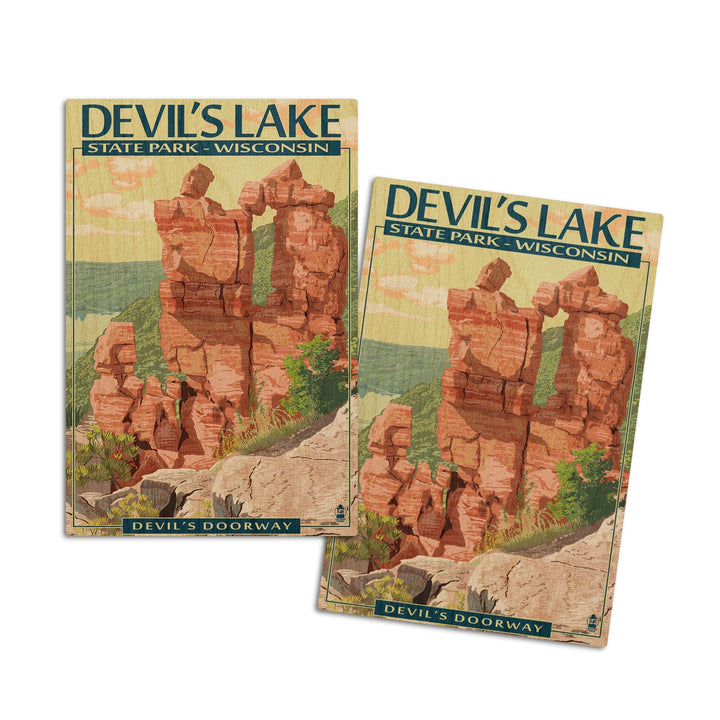 Devil's Lake Park, Wisconsin, Devil's Doorway, Lantern Press Artwork, Wood Signs and Postcards Wood Lantern Press 4x6 Wood Postcard Set 