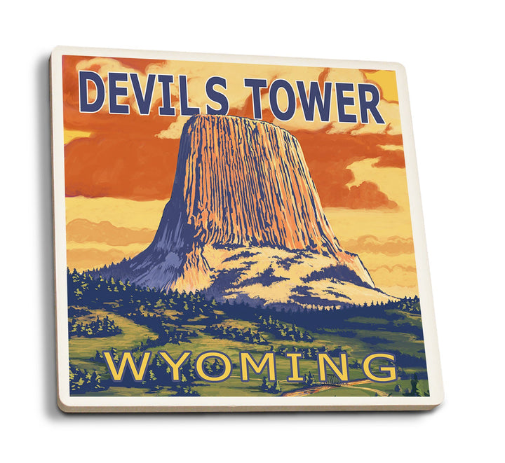 Devils Tower, Wyoming, Lantern Press Artwork, Coaster Set Coasters Lantern Press 