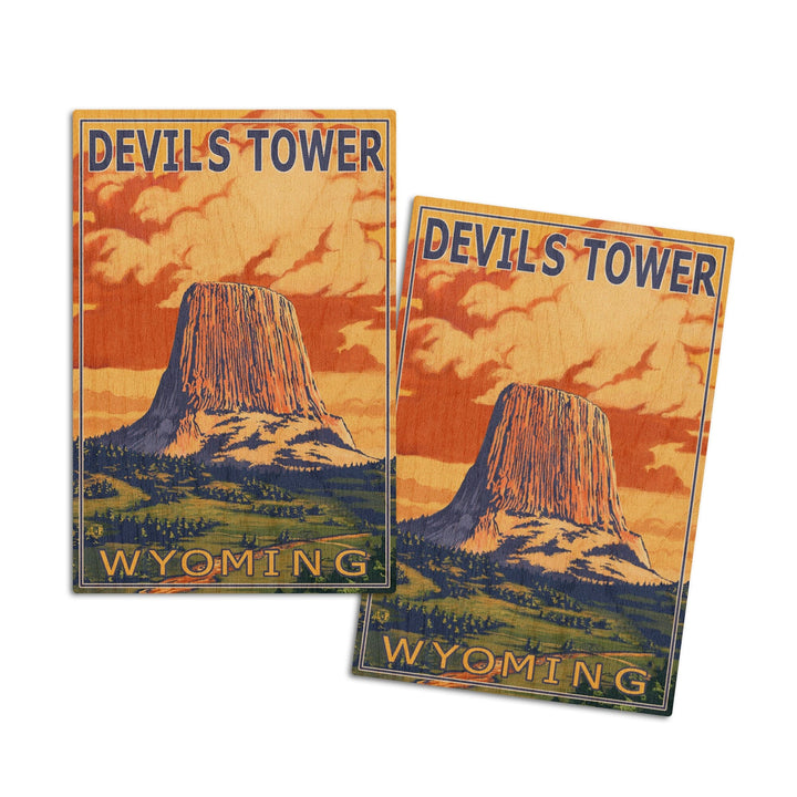 Devils Tower, Wyoming, Lantern Press Artwork, Wood Signs and Postcards Wood Lantern Press 4x6 Wood Postcard Set 