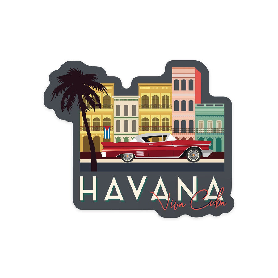 Die-Cut Stickers (Havana, Cuba, Buildings & Vintage Car, Vector, Contour, Lantern Press Artwork) Sticker Lantern Press 