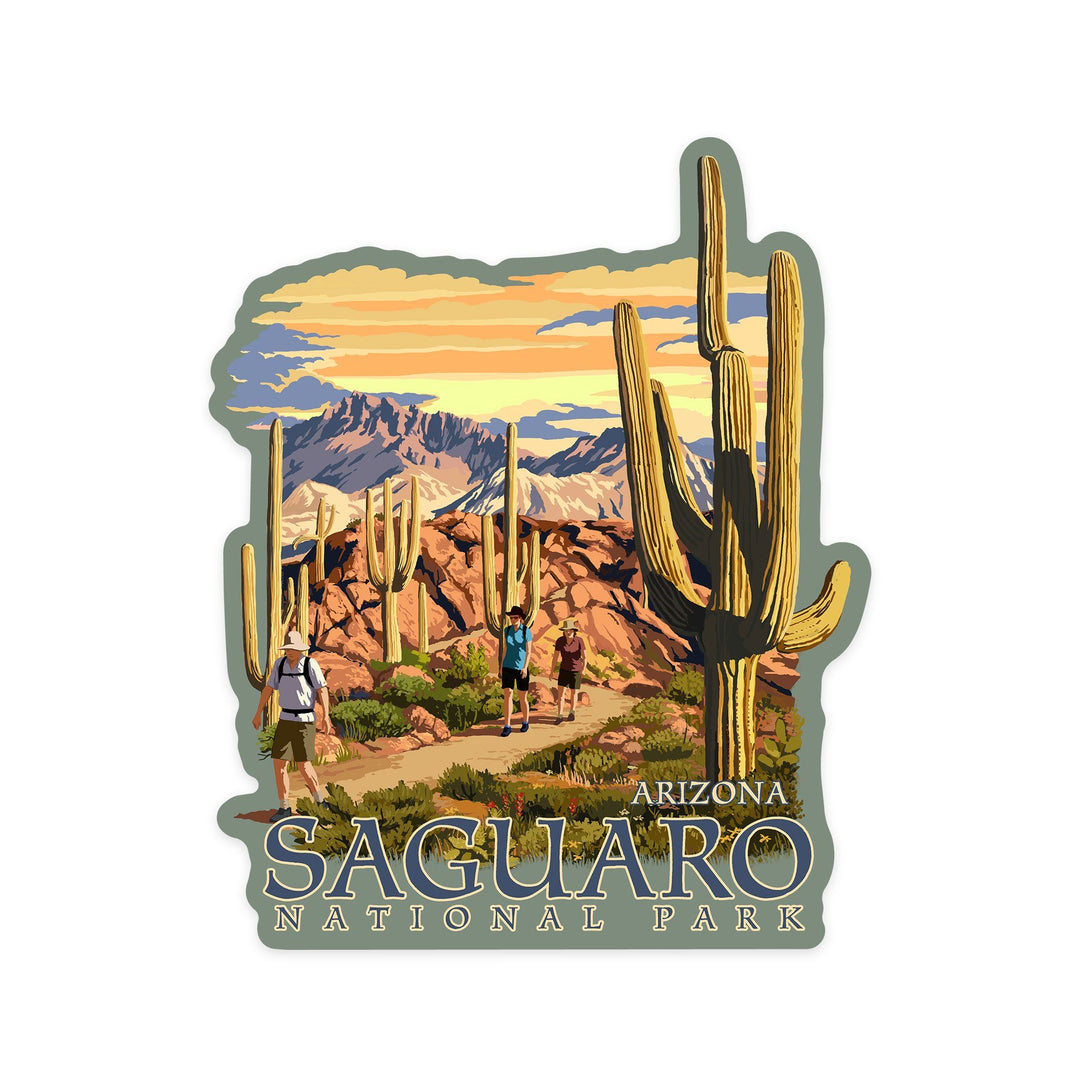 Die-Cut Stickers (Saguaro National Park, Arizona, Hiking Scene, Contour) Lifestyle-Sticker Lantern Press 