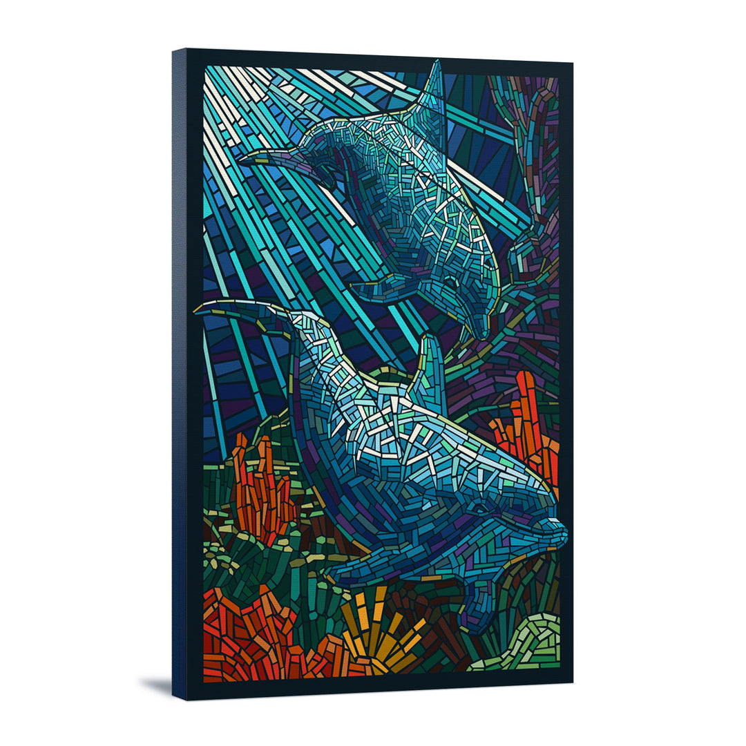 Dolphin, Paper Mosaic, Lantern Press Poster, Stretched Canvas Canvas Lantern Press 12x18 Stretched Canvas 