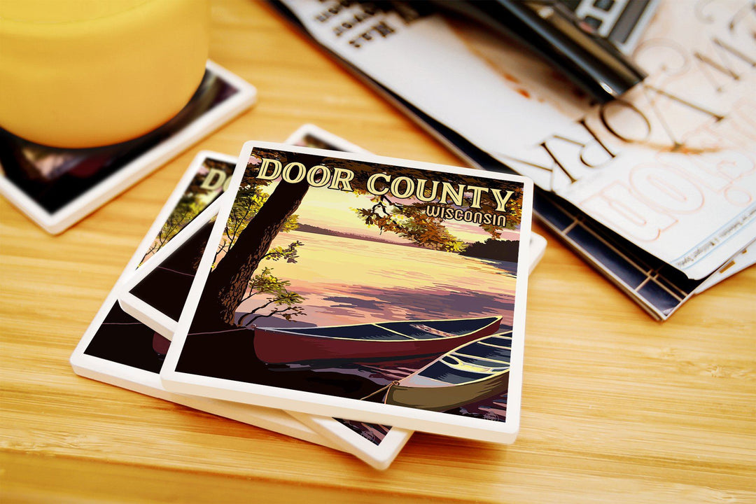 Door County, Wisconsin, Canoe & Lake at Sunset, Lantern Press Artwork, Coaster Set Coasters Lantern Press 