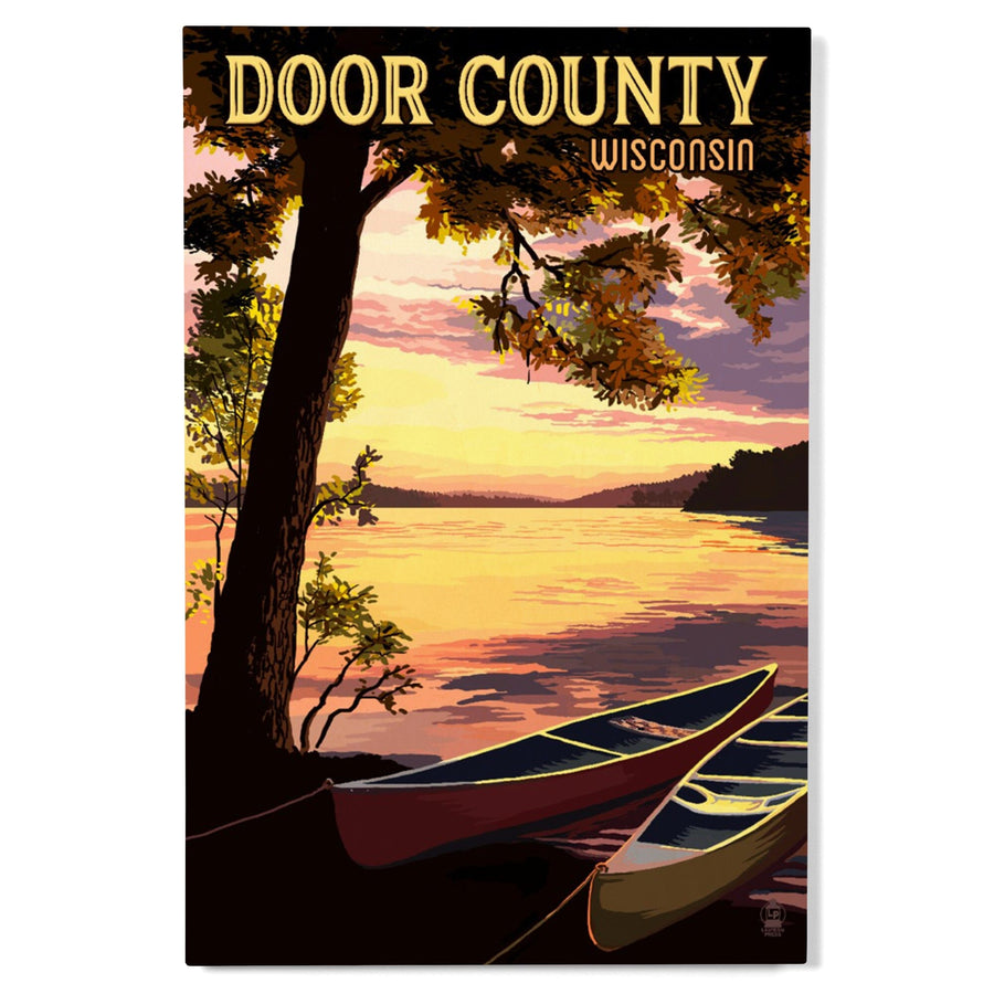 Door County, Wisconsin, Canoe & Lake at Sunset, Lantern Press Artwork, Wood Signs and Postcards Wood Lantern Press 