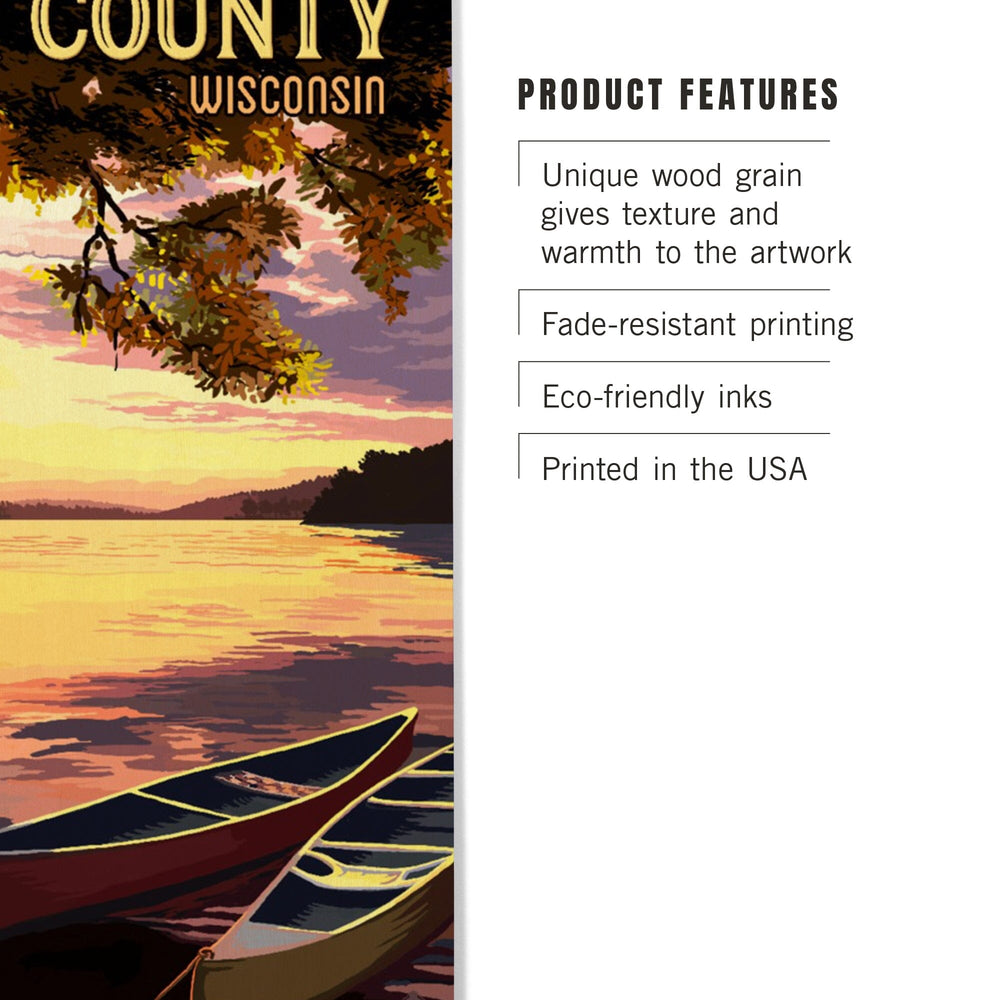 Door County, Wisconsin, Canoe & Lake at Sunset, Lantern Press Artwork, Wood Signs and Postcards Wood Lantern Press 