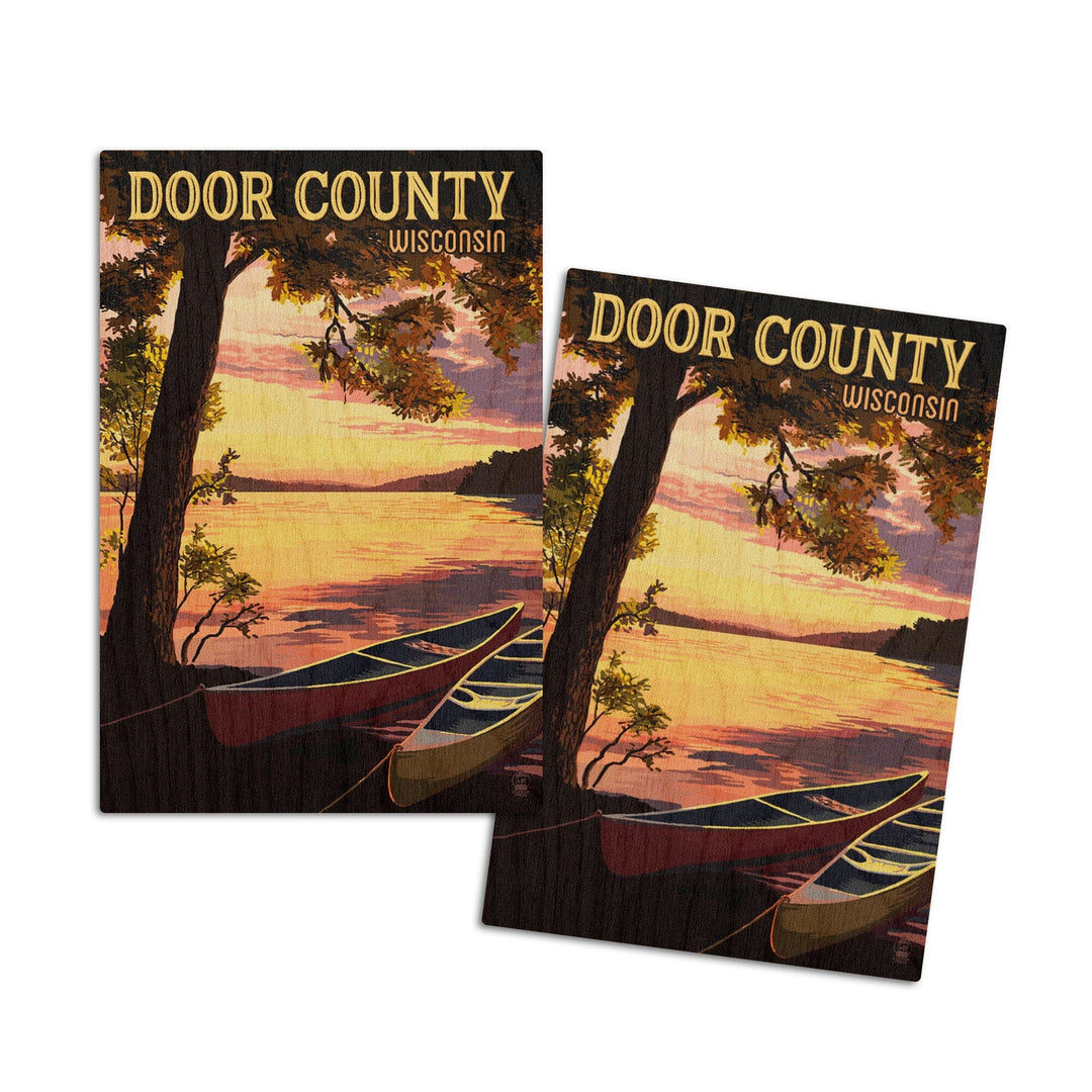 Door County, Wisconsin, Canoe & Lake at Sunset, Lantern Press Artwork, Wood Signs and Postcards Wood Lantern Press 4x6 Wood Postcard Set 