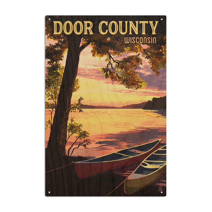 Door County, Wisconsin, Canoe & Lake at Sunset, Lantern Press Artwork, Wood Signs and Postcards Wood Lantern Press 6x9 Wood Sign 