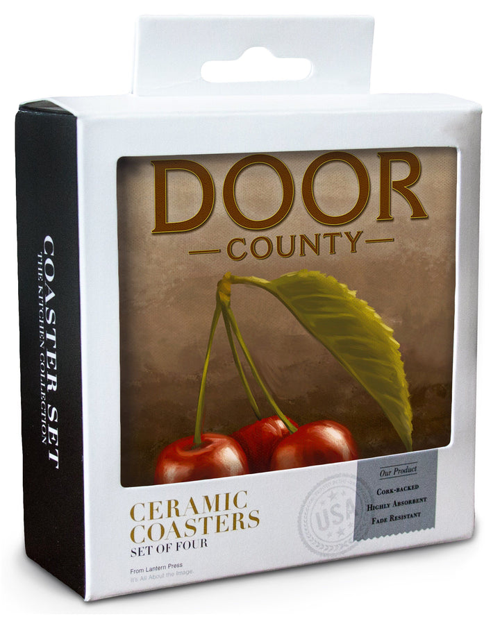 Door County, Wisconsin, Cherries, Oil Painting, Lantern Press Artwork, Coaster Set Coasters Lantern Press 