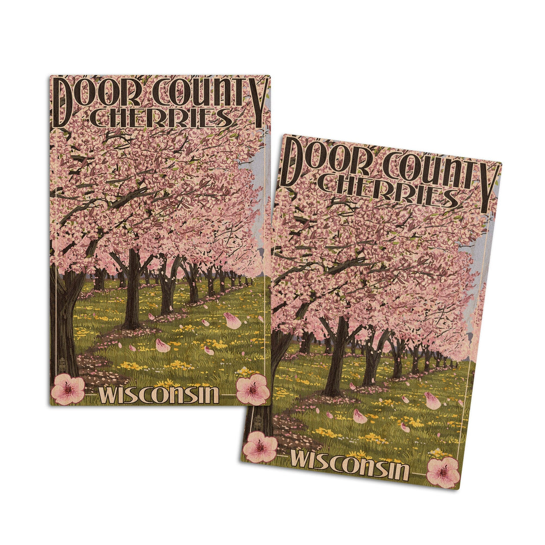 Door County, Wisconsin, Cherry Blossoms, Lantern Press Artwork, Wood Signs and Postcards Wood Lantern Press 4x6 Wood Postcard Set 