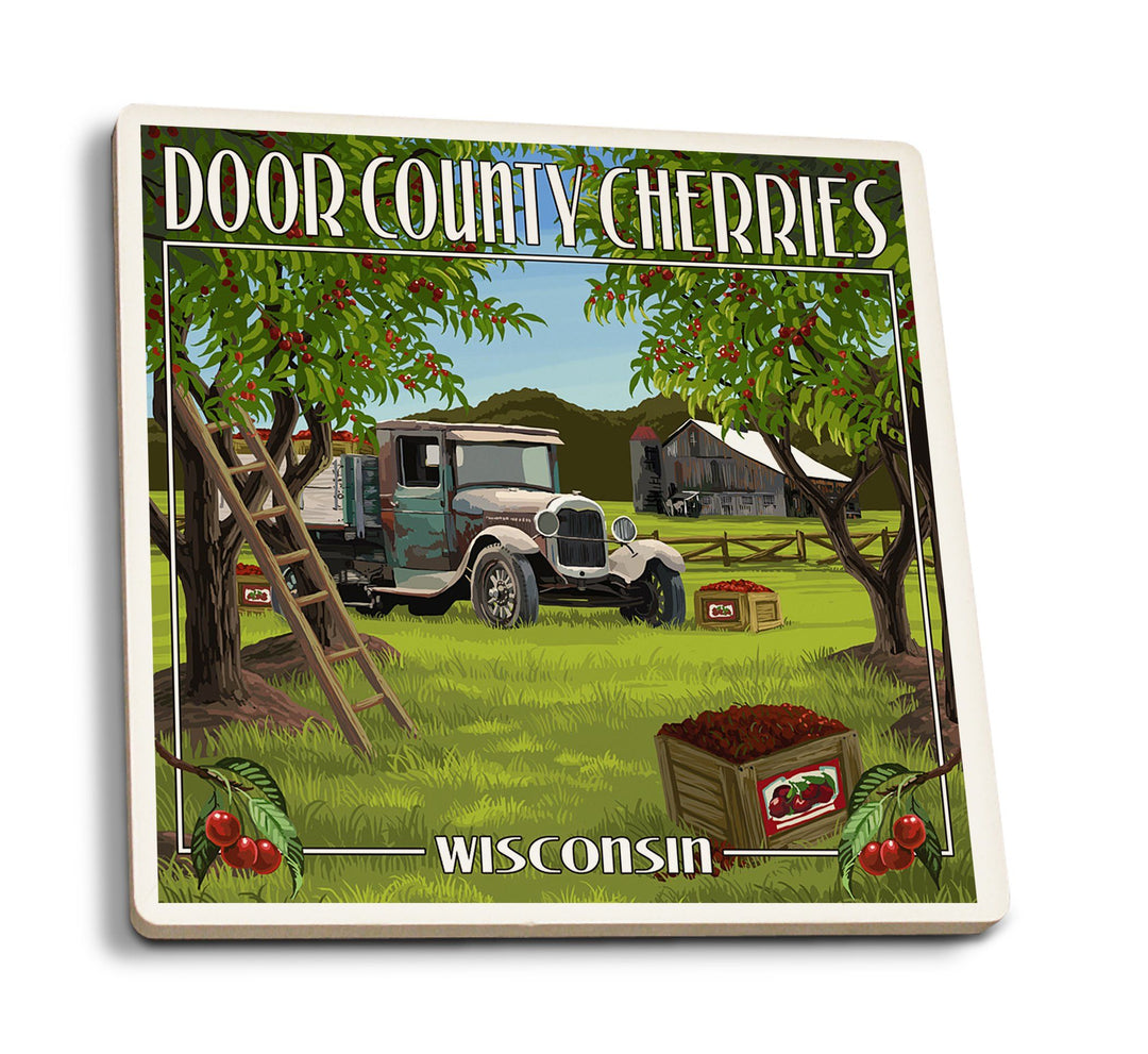 Door County, Wisconsin, Cherry Harvest, Lantern Press Artwork, Coaster Set Coasters Lantern Press 