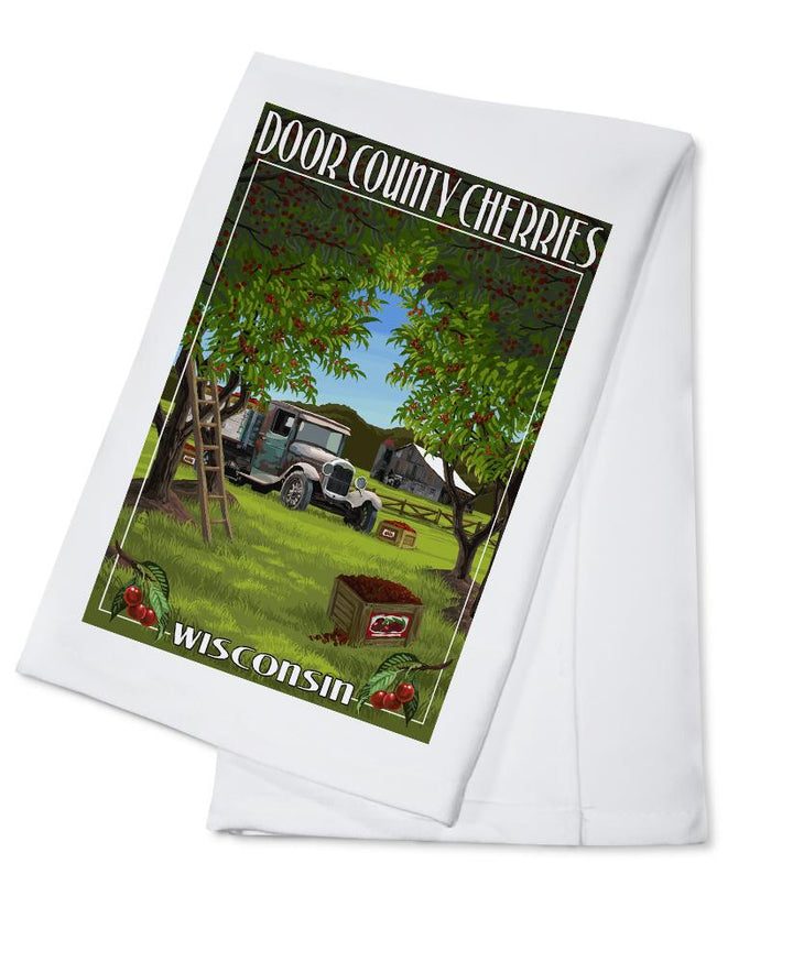 Door County, Wisconsin, Cherry Harvest, Lantern Press Artwork, Towels and Aprons Kitchen Lantern Press Cotton Towel 