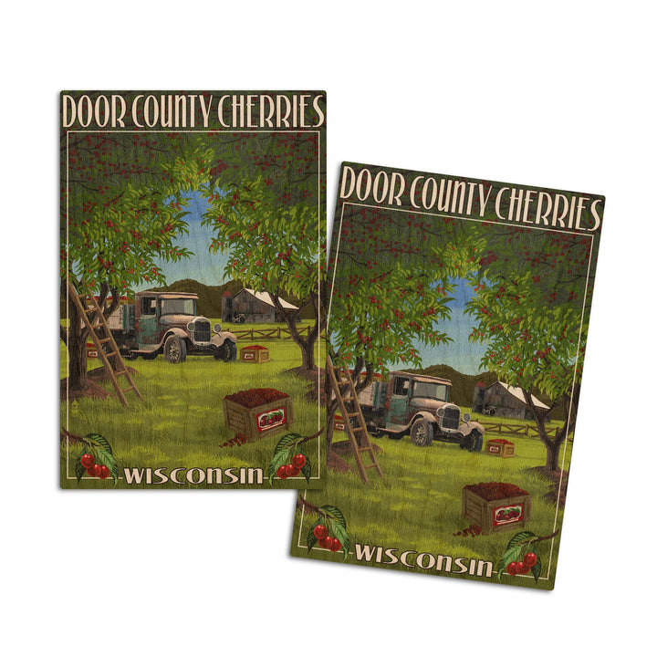 Door County, Wisconsin, Cherry Harvest, Lantern Press Artwork, Wood Signs and Postcards Wood Lantern Press 4x6 Wood Postcard Set 