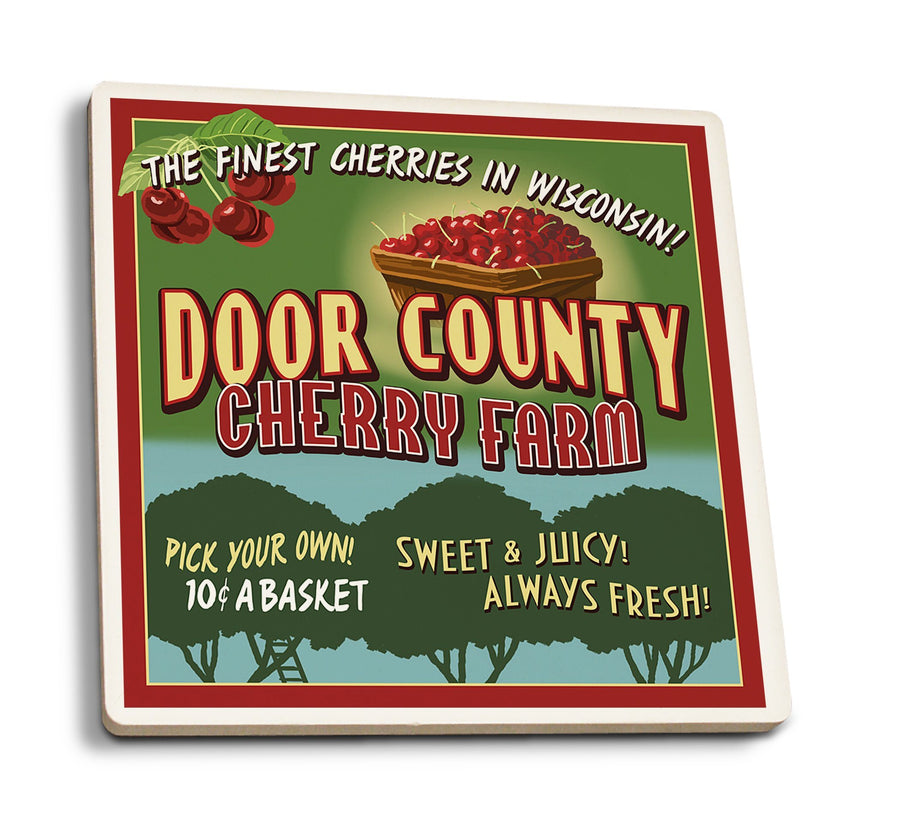Door County, Wisconsin, Cherry Vintage Sign, Lantern Press Artwork, Coaster Set Coasters Lantern Press 