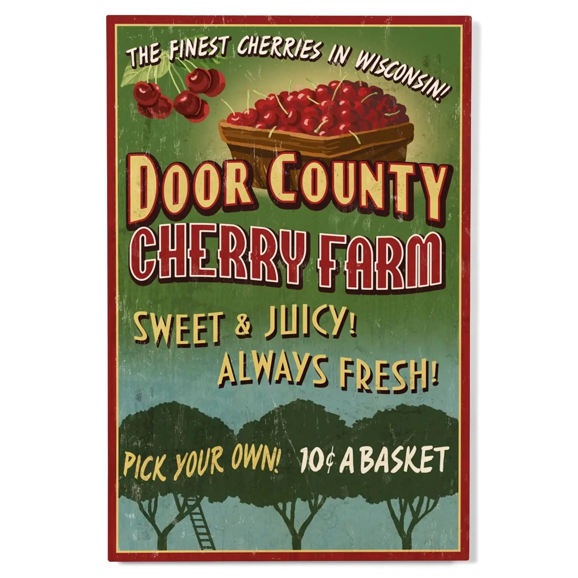 Door County, Wisconsin, Cherry Vintage Sign, Lantern Press Artwork, Wo