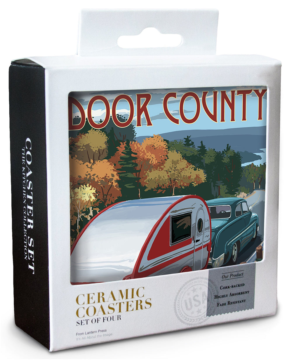 Door County, Wisconsin, Retro Camper Cruise, Lantern Press Artwork, Coaster Set Coasters Lantern Press 