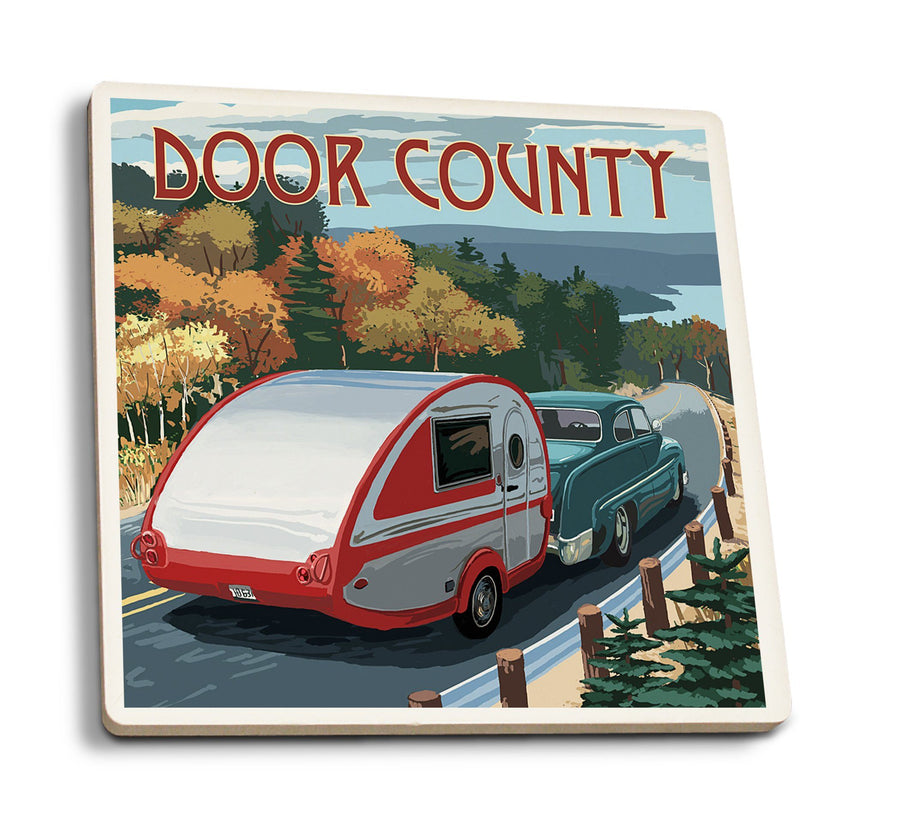 Door County, Wisconsin, Retro Camper Cruise, Lantern Press Artwork, Coaster Set Coasters Lantern Press 