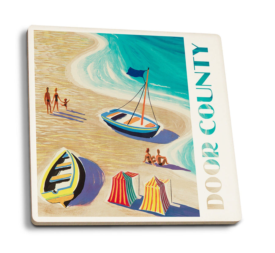 Door County, Wisconsin, Vintage Beach Scene, Lantern Press Artwork, Coaster Set Coasters Lantern Press 