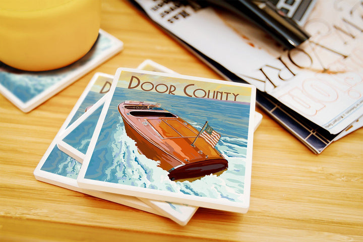 Door County, Wisconsin, Wooden Boat, Lantern Press Artwork, Coaster Set Coasters Lantern Press 