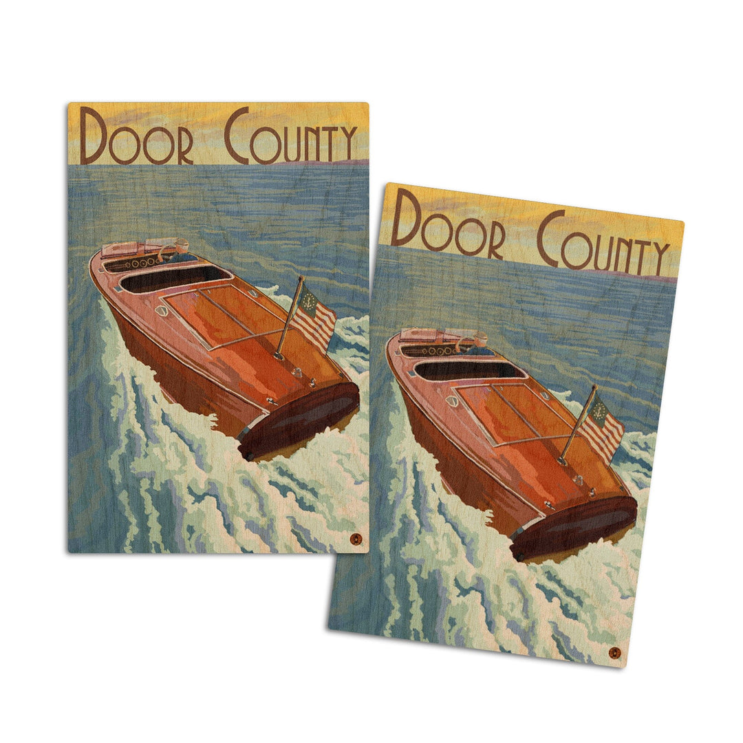Door County, Wisconsin, Wooden Boat, Lantern Press Artwork, Wood Signs and Postcards Wood Lantern Press 4x6 Wood Postcard Set 