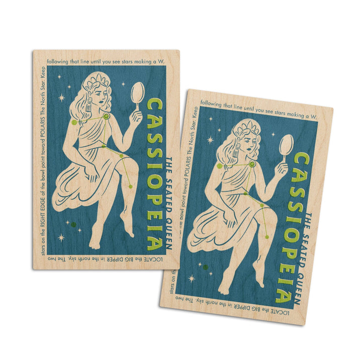 Drawings in the Stars Collection, Cassiopeia, The Seated Queen Constellation, Wood Signs and Postcards Wood Lantern Press 4x6 Wood Postcard Set 