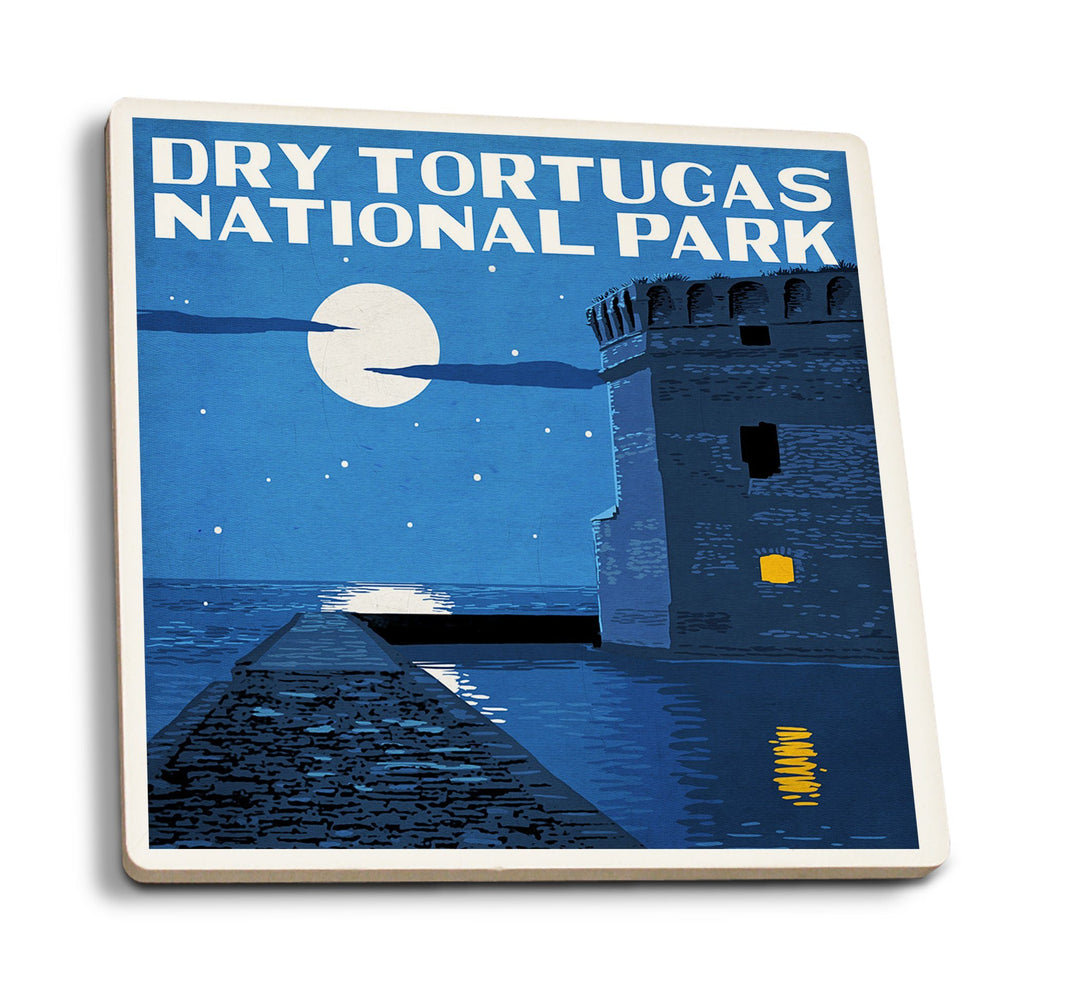 Dry Tortugas National Park, Florida, Night Scene, Painterly Series, Lantern Press Artwork Coasters Lantern Press 