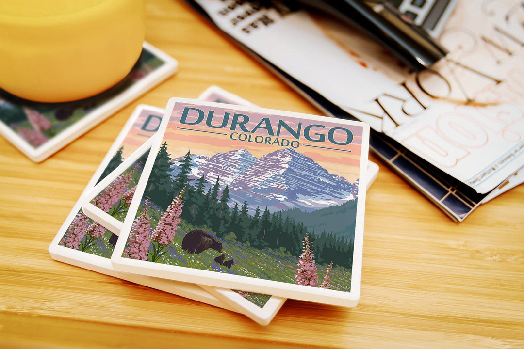 Durango, Colorado, Bears & Spring Flowers, Lantern Press Artwork, Coaster Set Coasters Lantern Press 