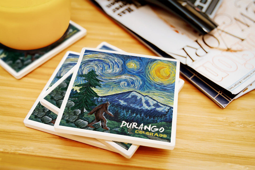 Durango, Colorado, Bigfoot, Starry Night, Lantern Press Artwork, Coaster Set Coasters Lantern Press 