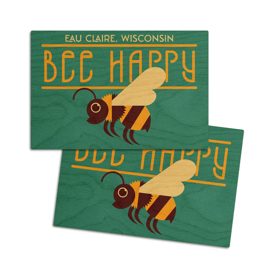 Eau Claire, Wisconsin, Bee Happy, Bee, Geometric, Contour, Lantern Press Artwork, Wood Signs and Postcards Wood Lantern Press 4x6 Wood Postcard Set 