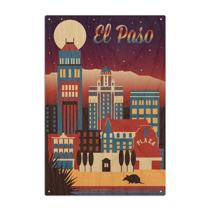 El Paso, Texas, Retro Skyline Chromatic Series, Lantern Press Artwork, Wood Signs and Postcards Wood Lantern Press 10 x 15 Wood Sign 