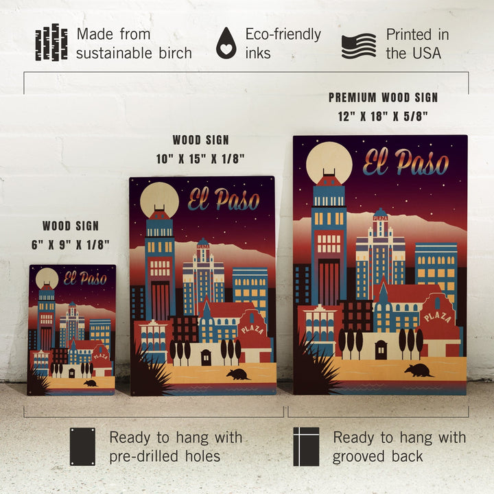 El Paso, Texas, Retro Skyline Chromatic Series, Lantern Press Artwork, Wood Signs and Postcards Wood Lantern Press 
