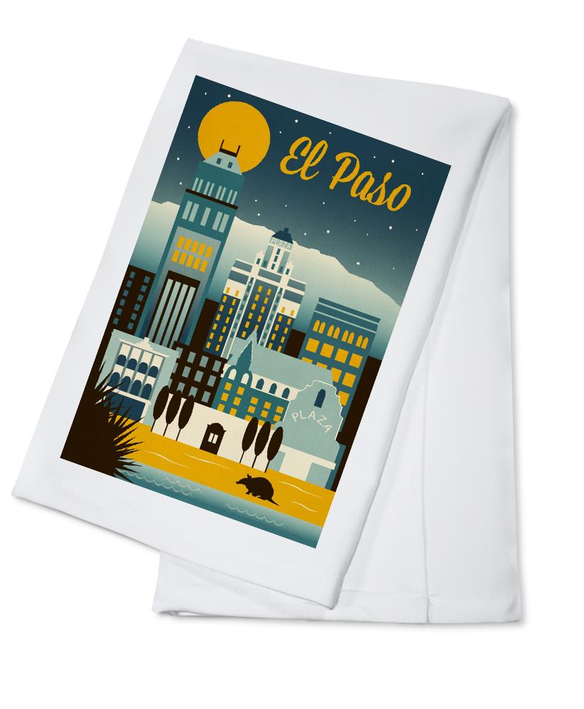 El Paso, Texas, Retro Skyline Series, Organic Cotton Kitchen Tea Towels - Lantern Press