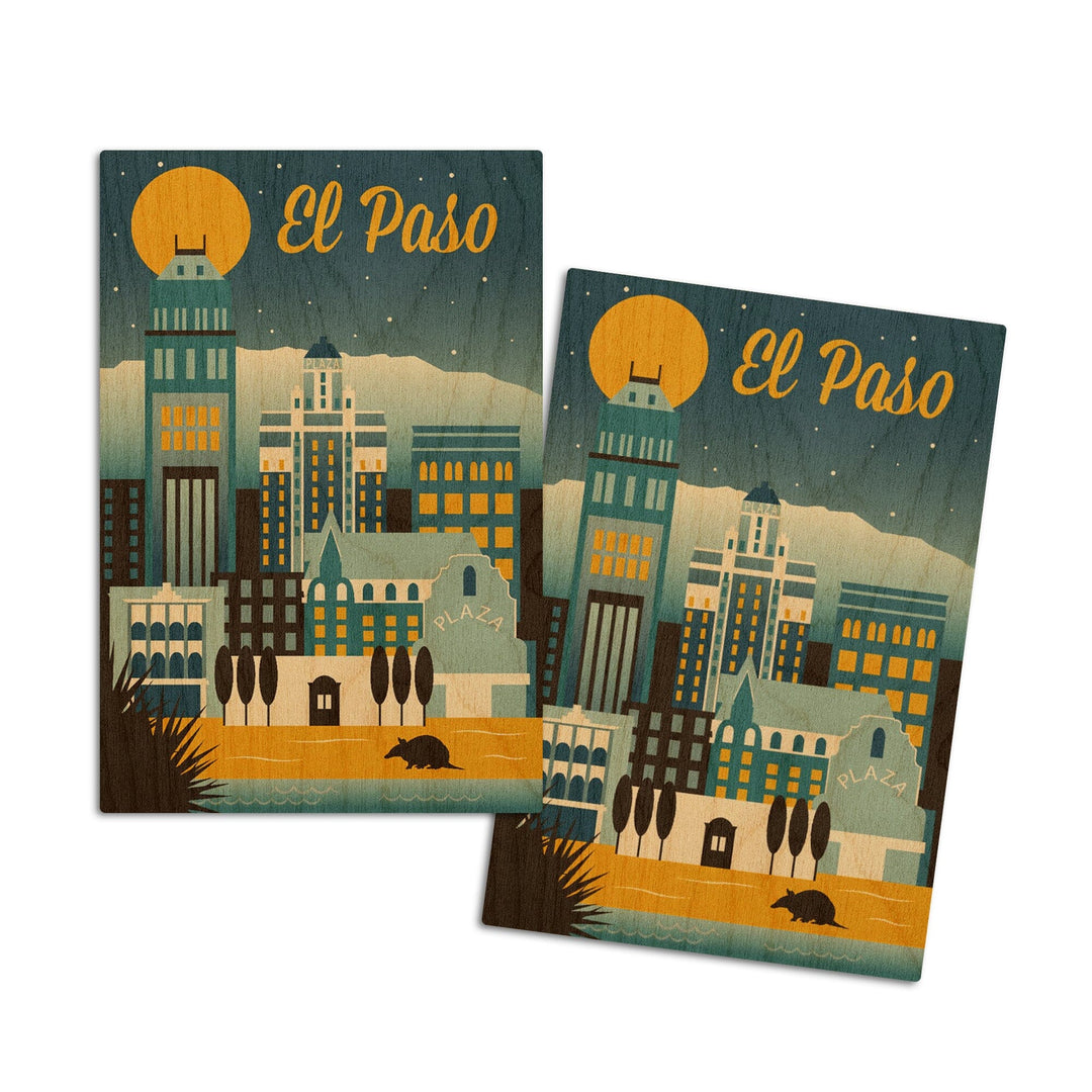 El Paso, Texas, Retro Skyline Series, Lantern Press Artwork, Wood Signs and Postcards Wood Lantern Press 4x6 Wood Postcard Set 