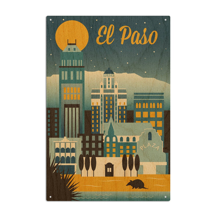 El Paso, Texas, Retro Skyline Series, Lantern Press Artwork, Wood Signs and Postcards Wood Lantern Press 6x9 Wood Sign 